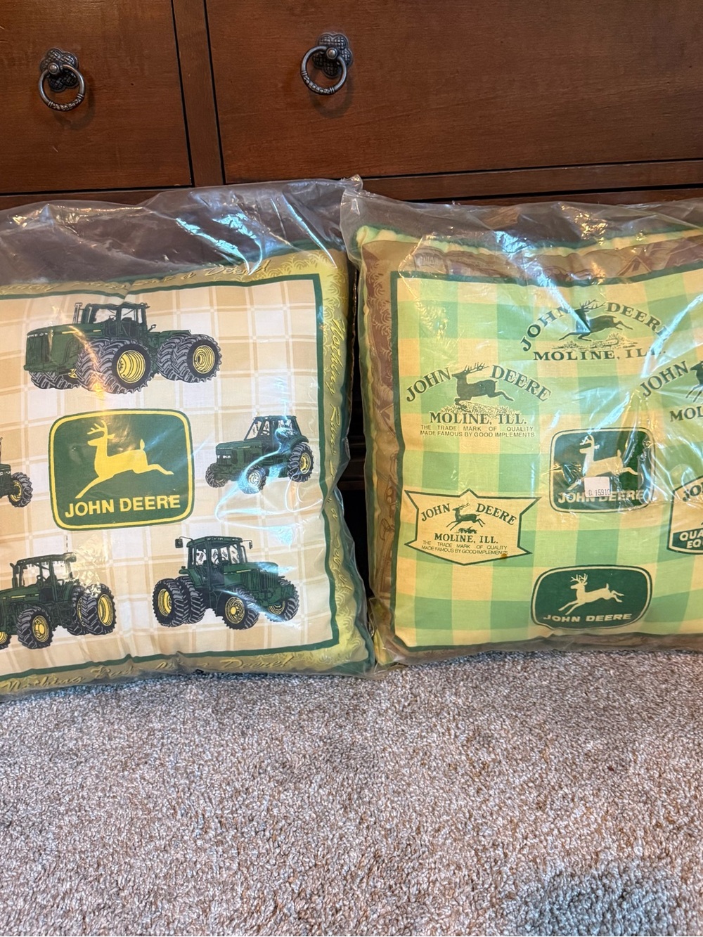 Vintage John Deere Green and Yellow Tractor Pattern Throw Pillow Set of 2
